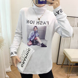 【トップス】韓国風プリントゆったり前衛ハイネック長袖Tシャツ