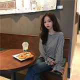 【トップス】韓国ファッションchicレースアップストライプ柄Tシャツ