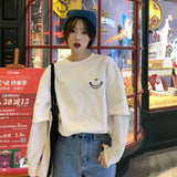 【トップス】カジュアルゆったりラウンドネック切り替え無地Tシャツ