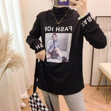 【トップス】韓国風プリントゆったり前衛ハイネック長袖Tシャツ