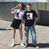 【ペアルック】韓国風ルーズファッションプリント中袖ラウンドネックTシャツ