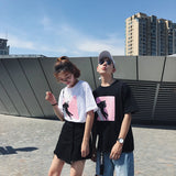 【ペアルック】韓国風ルーズファッションプリント中袖ラウンドネックTシャツ