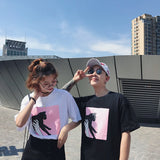 【ペアルック】韓国風ルーズファッションプリント中袖ラウンドネックTシャツ