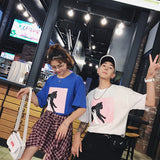 【ペアルック】韓国風ルーズファッションプリント中袖ラウンドネックTシャツ